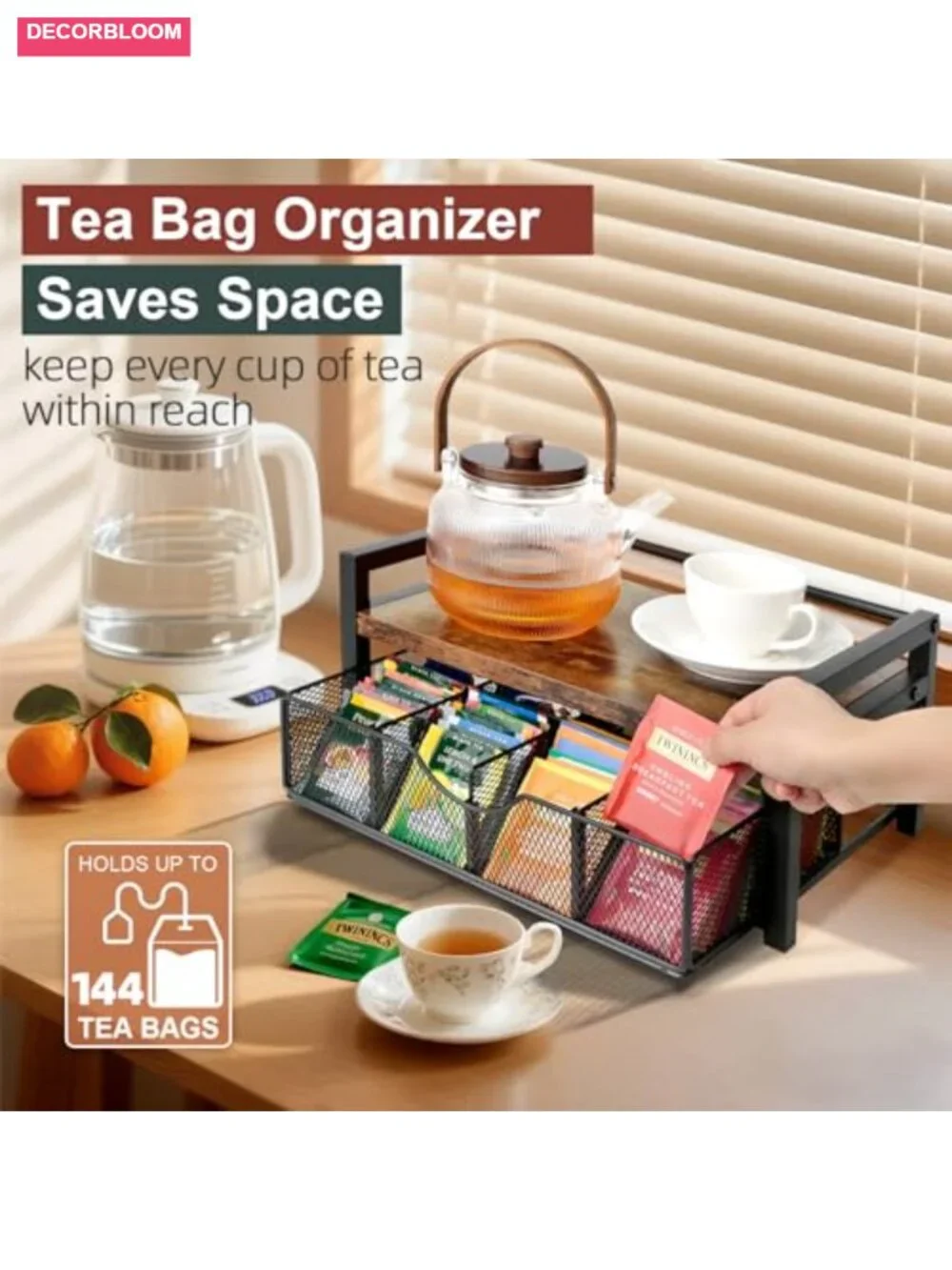 Tea Bag Organizer with 8-Compartment Adjustable Drawer, Wood & Metal Tea Chest